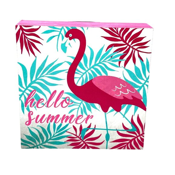 Wooden Décor Other - Hello Summer Flamingo Wooden Block Wall Art 6x6 Inches Tropical Decor Pink Green